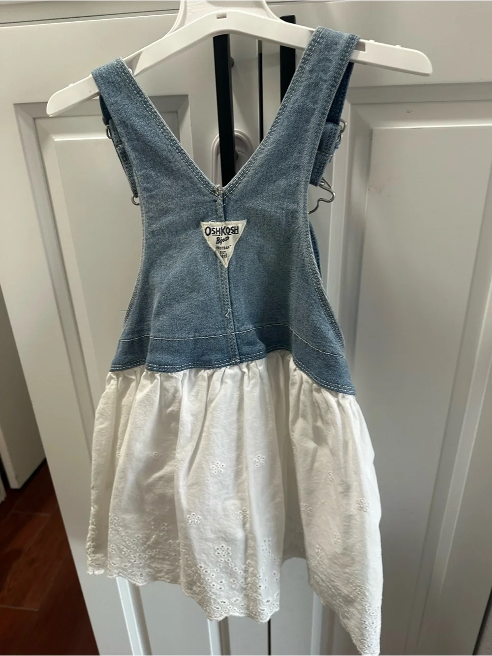 OshKosh B'gosh Blue Denim Overall Dress with White Eyelet Skirt